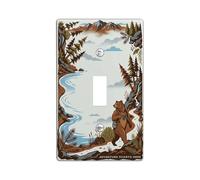 Placa de cubierta de interruptor de luz individual, diseño de oso, aventura de naturaleza, río, montañas, verano, color marrón, plástico, tamaño estándar, placas de pared decorativas para el hogar