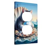 Placa de cubierta para interruptor de luz con diseño de gato oceánico, conchas marinas, velero, azul costero, termoplástico, tamaño estándar, placa frontal irrompible, sala de estar, oficina, hogar