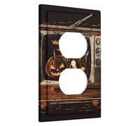 Placa de cubierta para interruptor de luz de fantasma y calabaza de Halloween, color naranja y negro, diseño retro de TV para decoración espeluznante, placas de pared termoplásticas, toma dúplex