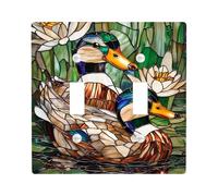 Placa de cubierta para interruptor de luz de patos/cubiertas de toma, aves acuáticas verdes vibrantes para decoración de la naturaleza, estilo vidrieras, tamaño estándar doble palanca