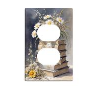 Placa de cubierta para interruptor de luz floral, crisantemo blanco y flores amarillas en libros vintage, placas de pared termoplásticas, salida dúplex individual de tamaño estándar