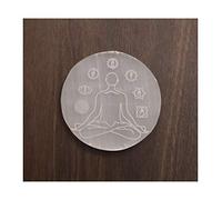 Placa de forma redonda de carga de selenita grabada con símbolo de 7 chakras Blessfull Healing