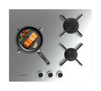 Placa de Gas 3 Fuegos 6,2kW Acero Inoxidable con Parrillas Hierro Fundido y Quemador WOK Triple Corona