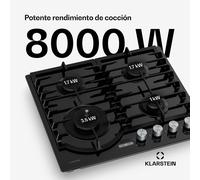 Placa de gas Ignito de 8 kW con soportes de hierro fundido, temporizador y control de temperatura Klarstein