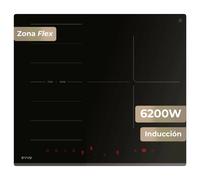 EVVO Placa Inducción V62 - Vitrocerámica Inducción 4 Zonas, Zona Flexible, 7200W, Booster, Control Táctil, 9 Niveles, Bloqueo Infantil, Temporizador, Apagado Automático, Cristal Negro