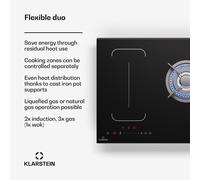 Klarstein MultiChef 5 Placa Mixta Gas Inducción - 5 Zonas, 2 Gas & 2 Inducción, 1Wok Flexzone, Control Deslizante, Stop&Go, Temporizador, 10.6Kw, Negro