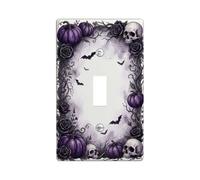 Placa de interruptor de palanca gótica con diseño de calavera y calabazas | Calabazas violetas, rosas góticas, murciélagos espeluznantes, intrincadas telarañas, acentos de pared macabros