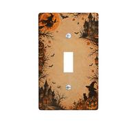 Placa de interruptor de palanca vintage de bruja y casa encantada de | Mansión embrujada, murciélagos voladores, Jack-o'-lanterns, gatos negros, ilustración vintage, decoración del hogar de