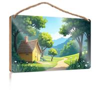 Placa de madera colgante con texto en inglés "Peaceful Cabin In The Woods" con exuberante vegetación y un camino sereno, letrero de Navidad para decoración del hogar, regalos para maridos (20 x 30 cm)