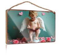 Placa de madera con cita "Angelic Little Reader: A Whimsical Scene with Wings And Roses" Wooded Sign Pool Decor House Decor Clearance (20 x 30 cm)