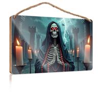 Placa de madera con cita Dark Mystic: Un esqueleto en oración entre tormentas tormentosas, letrero boscoso para decoración de piscina, decoración de casa (15 x 28 cm)