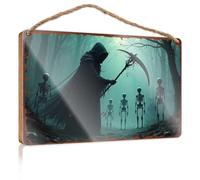 Placa de madera con cita Death's Shadow: A Grim Reaper Amidst Skeletons In A Misty Forest Wooded Sign Pool Decor House Decor Clearance (15 x 28 cm)