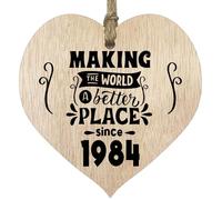 Placa de madera con forma de corazón para cumpleaños número 41, con texto en inglés "Making the world a better place", recuerdo de madera clara, para celebrar cumpleaños, abuela, mamá, papá, placa con