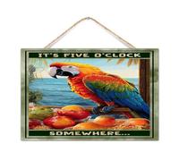 Placa de madera con texto en inglés "It's Five O'clock Somewhere", arte decorativo para pared, divertido guacamayo, loro, animales, mascotas, letrero vertical de madera para lavandería, oficinas