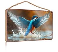 Placa de madera con texto en inglés "Kingfisher in Flight: A Splash Of Nature's Beauty", letreros y placas de madera para piscina y decoración al aire libre (23 x 35 cm)