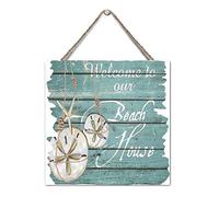Placa de madera con texto en inglés "Welcome to Our Beach House", letrero de madera para puerta, decoración del hogar, temática del océano, playa, rústico, granja, letrero de madera colgante, estilo