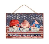 Placa de madera envejecida con diseño de gnomo del Día de la Independencia, decoración del hogar para porche delantero, rojo, blanco, azul, rayas de estrellas de Estados Unidos, letreros de madera