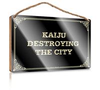 Placa de madera para decoración de baño Shabby Chic, superficie impresa y prohibida/decoración para estantes, decoración de oficina para el trabajo, Kaiju Destroying The City