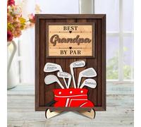Placa de madera personalizada con el texto en inglés "Best Dad Grandpa by Par Golf" para 1 a 10 nombres de niños, marco de club de golf para papá, papá, marido, hombres, decoración de escritorio