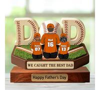 Placa de madera personalizada con texto en inglés "We Caught The Best Dad with 1-3 Child's Name Number Cartoon Portrait Baseball Béisbol" para papá