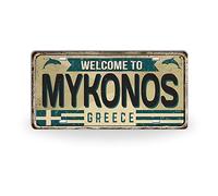 Placa de matrícula de las islas griegas con impresiones de metal vintage, letreros de lata retro de ciudades de Grecia para decoración del hogar mediterráneo, regalo de recuerdo de viaje Mykonos