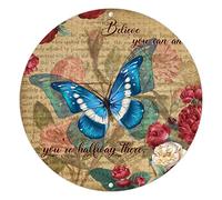 Placa de metal con diseño de mariposa blanca y azul y flores rojas, con texto en inglés "Believe You Can and You're Halfway There", letrero de metal toscano, divertido regalo de graduación para cocina