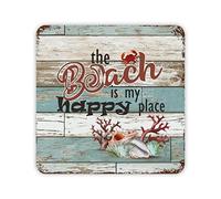 Placa de metal con temática náutica vintage con texto en inglés "The Beach is My Happy Place", color azul, grano WOD, motivacional, regalo de inauguración de la casa, para cocina, sala de estar