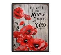 Placa de metal con texto en inglés "And Know That I am God" - Letrero de estaño con diseño de amapolas rojas, arte vintage, decoración de pared para patio, garaje, cueva, cobertizo, oficina, sala de