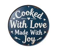 Placa de metal con texto en inglés "Cooked With Love Made With Joy"