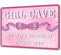 Placa de metal con texto en inglés "Cute & Funny Girl Cave No Boys Allowed Except Dad", decoración de habitación de niñas, placas de póster de metal para el hogar, sala de estar, cocina, cafetería