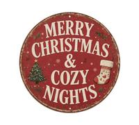 Placa de metal con texto en inglés "Happy Christmas & Cozy Nights"