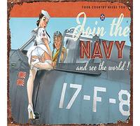 Placa de metal con texto en inglés «Join The Navy and See The World» Pin Up Girl Vintage Retro Tin Sign Poster Vintage Metal Signs para Bar Music Club Man Cueva Room Wall Decor 12 x 12 pulgadas