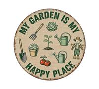 Placa de metal con texto en inglés «My Garden Is My Happy Place»