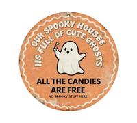 Placa de metal con texto en inglés "Our Spooky House Is Full Of Cute GHOSTS