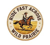 Placa de metal con texto en inglés "Ride Fast Across Wild Prairie"