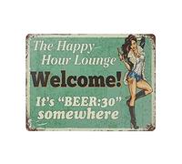 Placa de metal con texto en inglés «The Happy Hour Lounge-Welcome!» para colgar en el hogar, cocina, jardín, garaje, decoración de pared, 12 x 16 pulgadas