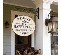 Placa de metal divertida para jardín - "This Is My Happy Place Don't F*ck It Up" - Decoración vintage - Placa de peltre rústica, arte exterior de granja, decoración de patio elegante para jardín