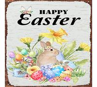Placa de metal para decoración del hogar, letrero de metal con texto en inglés "Happy Easter Bunny Rabbit Gifts Posters Flower Wreaths Garland Festival, Vintage Tin Signs for Backyard Outdoor House