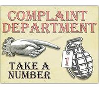 Placa de metal para pared con texto en inglés "Complaint Department Take A Number Hand Grenade" (30,5 x 20,3 cm)