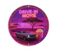 Placa de metal retro de neón con texto en inglés "Drive-In Movie"