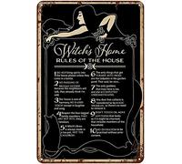 Placa de metal vintage con texto en inglés "Witch's Home Rules of The House" para decoración de Halloween, decoración de cocina, arte de bruja, letrero de metal retro para decoración de pared para el