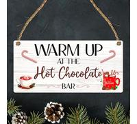 Placa de Navidad "Warm Up at the Hot Chocolate Bar", letrero festivo de madera para los amantes del cacao, decoración navideña perfecta para cocina, rincón de café o reunión de vacaciones (blanco)