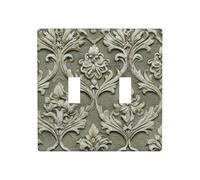 Placa de pared con diseño de celosía de damasco de acanto, color gris oliva, doble interruptor, tamaño estándar, 11,4 x 11,4 cm