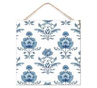 Placa de pared con diseño de flor mogol en palé de madera azul, estilo oriental, chinoiserie asiático, placa de madera de 12 x 12 pulgadas, ramo de flores azules, decoración de pared familiar