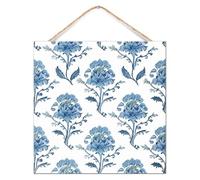 Placa de pared con diseño de flor mogol en palé de madera azul, letrero de madera establecida chinoiserie chic índigo establecido, 12 x 12 pulgadas, decoración de pared familiar floral para decoración