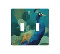 Placa de pared con diseño de hojas verdes de pavo real, color turquesa, doble banda, decoración para interruptor, tamaño estándar, 11,4 x 11,4 cm