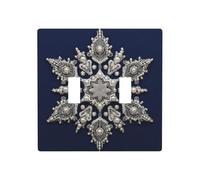 Placa de pared con diseño de mandala de copo de nieve en piedras preciosas plateadas sobre azul, doble banda, decoración de interruptor de pared, tamaño estándar, 11,4 x 11,4 cm
