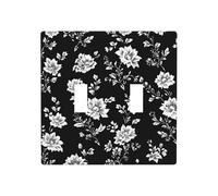 Placa de pared con diseño floral blanco sobre negro, doble banda, decoración de interruptor de pared, tamaño estándar, 11,4 x 11,4 cm