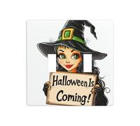 Placa de pared con letrero de bruja con texto en inglés "Halloween is Coming" de doble banda, decoración de interruptor de pared, tamaño estándar, 11,4 x 11,4 cm