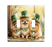 Placa de pared decorativa para interruptor de luz con diseño de perro pomerania del día de San Patricio, 2 bandas, doble palanca, ventana divertida para cachorros, placa frontal eléctrica con